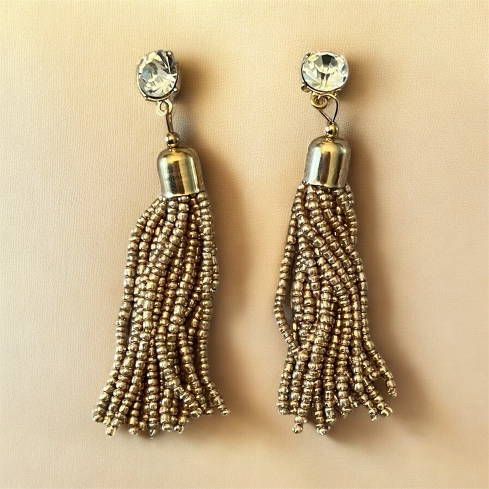 ✨ Gold Beaded Tassel Earrings with Rhinestone Accent – Elegant Statement Dangle✨